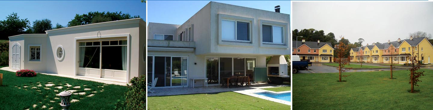 Tres viviendas terminadas con el sistema EMMEDUE: una casa de una planta, una de dos plantas con pileta y un conjunto de dúplex